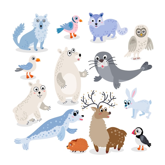 Vector wild north pole animals flat style set