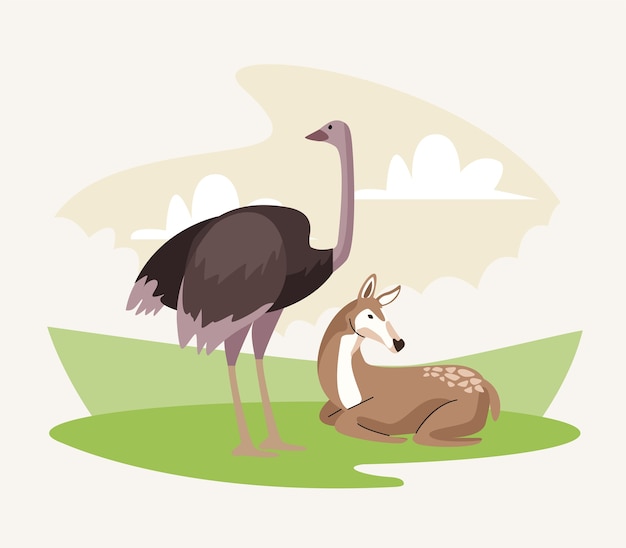 Wild ostrich and gazelle animals nature icons