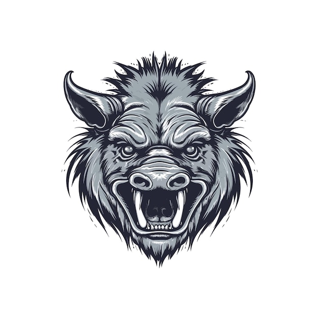 Wild pig angry face logo with two large tusks coming up from his closed mouth