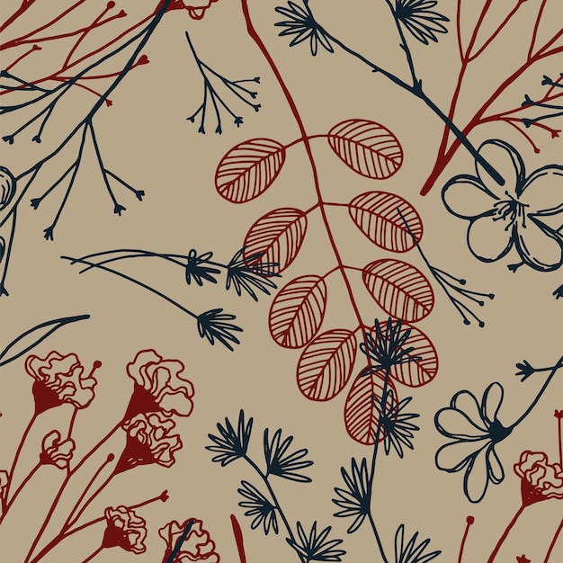 Вектор Бесшовный узор из диких растений. рисованной векторные иллюстрации. цветочный орнамент в стиле ретро. винтажный ботанический дизайн для текстиля, обоев, фона, декора.