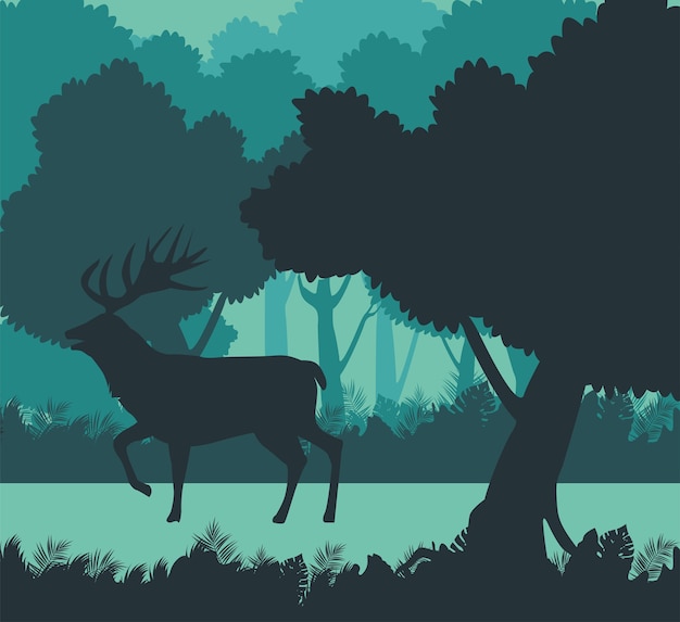 Vector wild reindeer animal silhouette in the forest scene