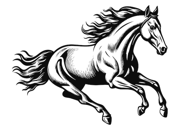 野生の走っている馬は、白い背景で隔離の黒い線アート スタイル ベクトル図をスケッチします。