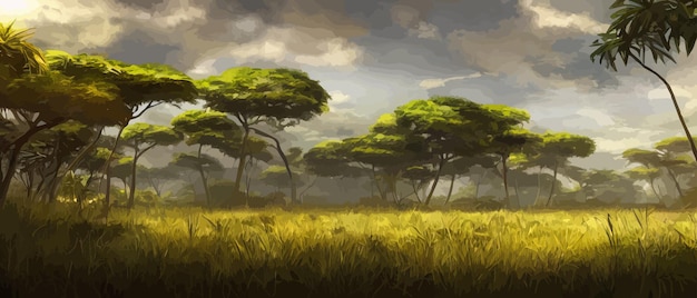 Вектор Дикий саванный пейзаж африканская саванна дикая природа с деревьями акации трава песок и вода африка