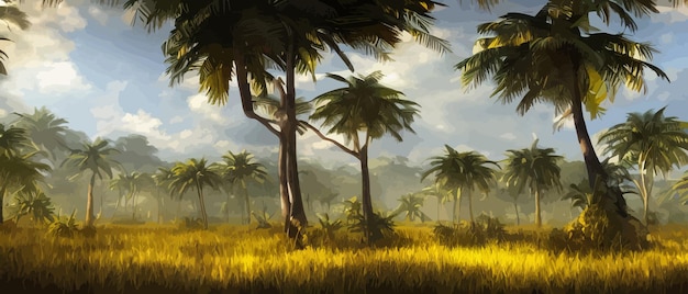 Vector wild savanna landscape savannah african wild nature with acacia trees grass sand and water africa