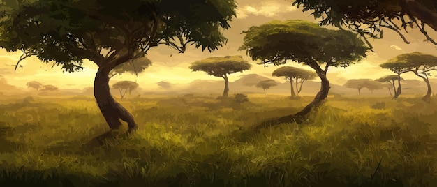 Vector wild savanna landscape savannah african wild nature with acacia trees grass sand and water africa
