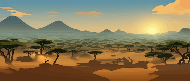 Вектор Дикий пейзаж саванны саванна дикая африканская природа с деревьями, травой, песком и животными африки