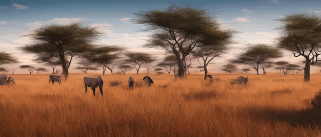 Vettore paesaggio selvaggio della savana natura selvaggia africana della savana con alberi erba sabbia e animali africa