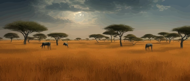 Vector wild savannelandschap savanne wilde afrikaanse natuur met bomen graszand en dieren afrika