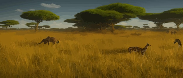 Vector wild savannelandschap savanne wilde afrikaanse natuur met bomen graszand en dieren afrika