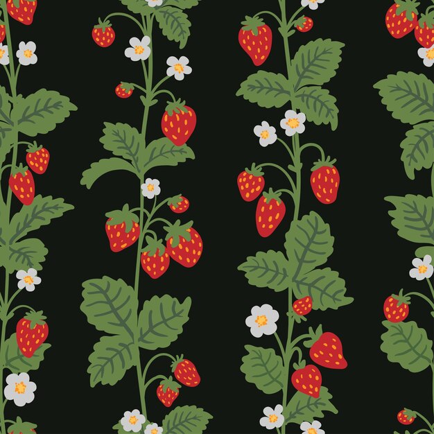 Wild strawberries bush stem whip vector seamless pattern Summer forest berry hand drawn texture