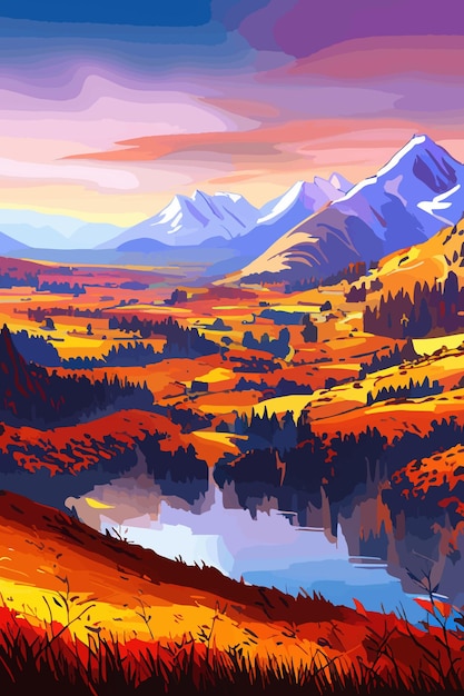 Vector wild terrain with river and forest against backdrop mountains autumn landscape sunset orange brown