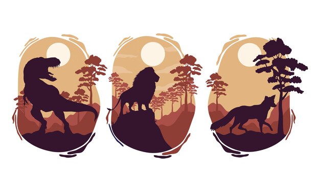 Wild three animals fauna silhouettes scenes