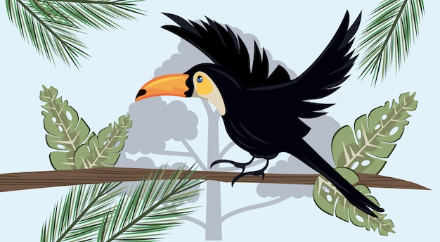 Wild toucan animal bird flying in the jungle scene