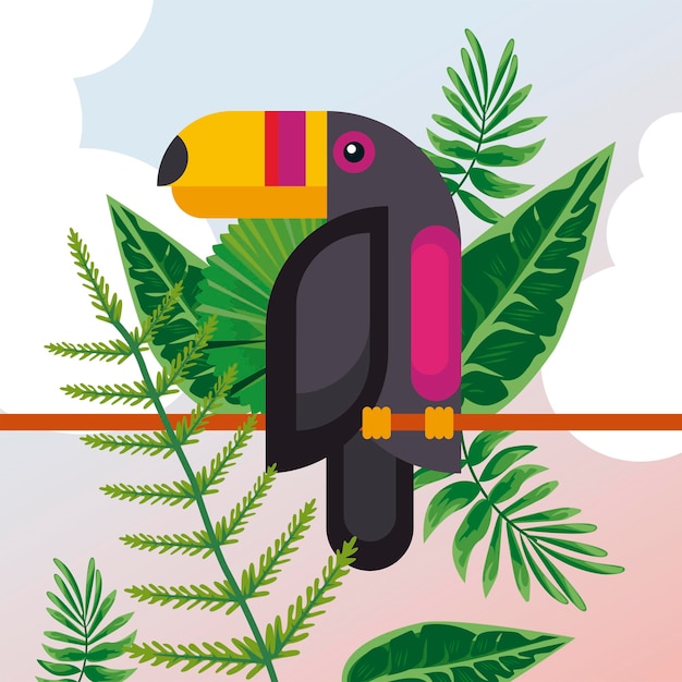 Дикий тукан птица животное экзотический персонаж с листьями