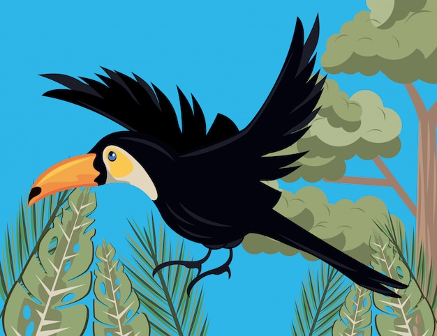 Wild toucan bird flying in the jungle scene