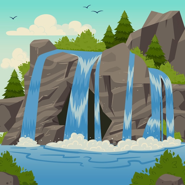 Wild watervallandschap Cartoon berg rivier waterval met rotsen en bomen kokend water cascade vlakke vector illustratie