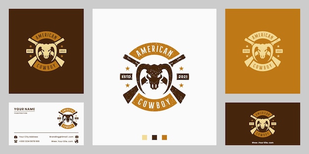 Wild west american cowboy badge logo design. with gun and longhorn