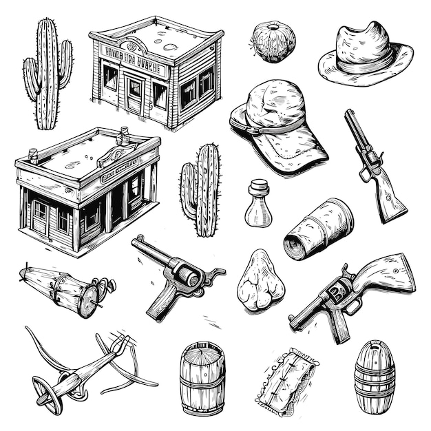 Vector wild west artifacts isometrisch ontwerp lijntekening witte achtergrond