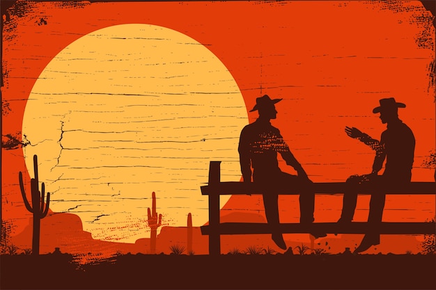 Wild west background, silhouette of cowboys sitting on fence