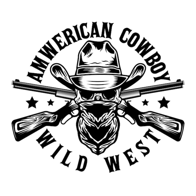 Vector wild west bandit skull with cowboy hat and guns