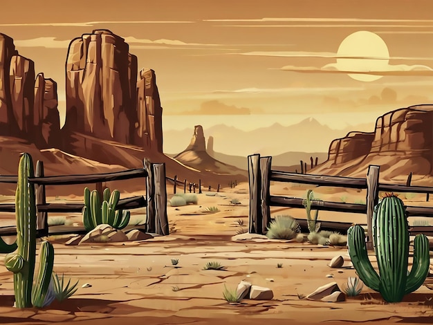 Vector wild west cartoon composition with outdoor scenery cacti trees and wooden gate with signboard vector