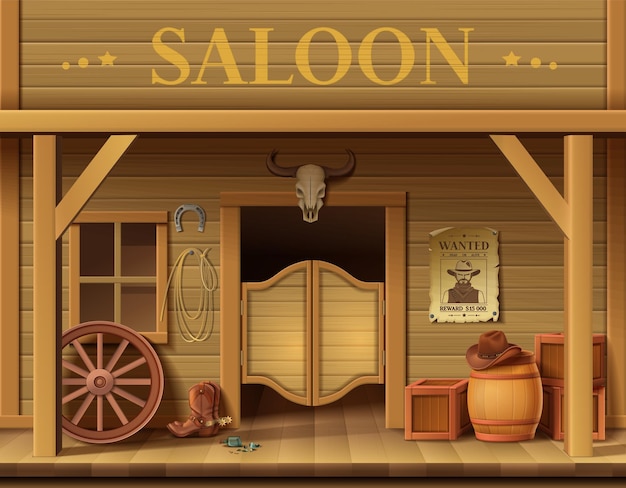 Wild west cartoon composition with outdoor view of vintage storefront with classic doors wheel and skull vector illustration