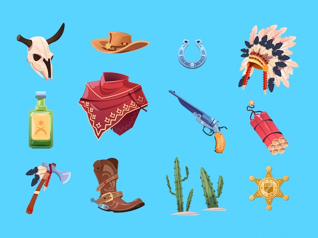 Wild west cartoon set. Cowboy boots, hat and gun. Bull skull, indian war bonnet and tomahawk. Isolated  collection