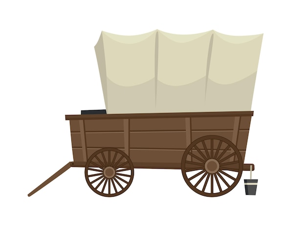 Vector wild west cartoon wagon with tent. old western carriage icon isolated on white background.