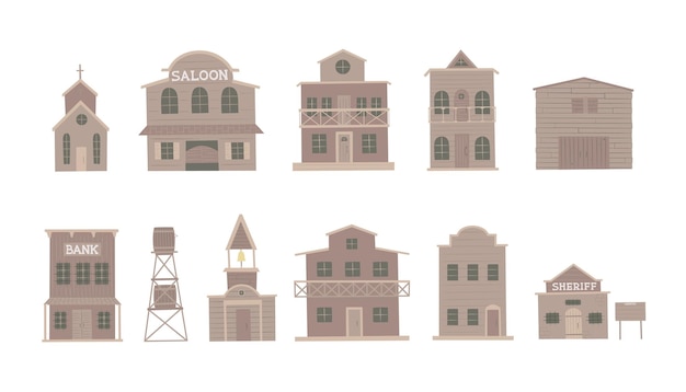 Vector wild west city western wood buildings saloon bank house sheriff office vector illustration set