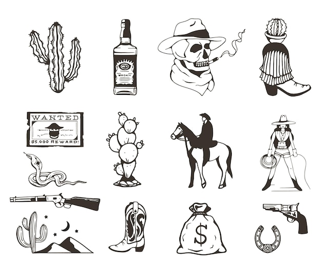 Wild west collectie handtekening illustratie Wild west set