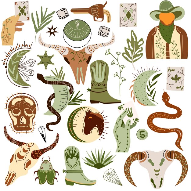 Vector wild west collection skull sheriff buffalo skull cactus snake card cowboy boot gun moon