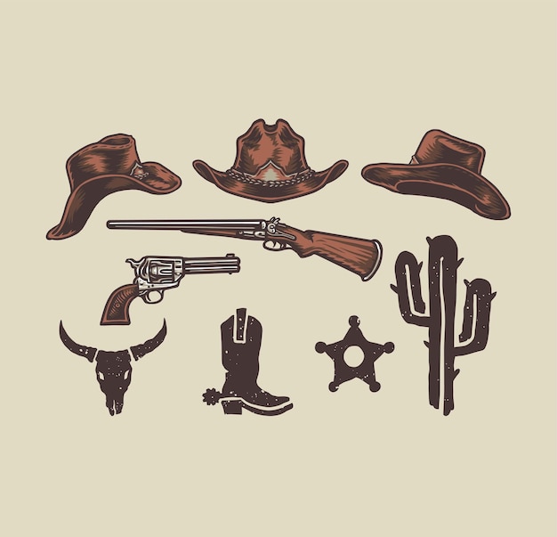 Vector wild west cowboy objects, hand drawn line style with digital color,  illustration