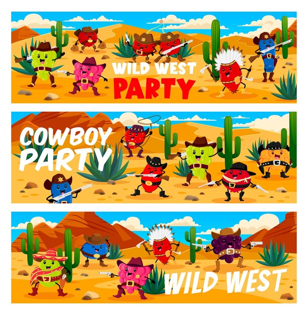 Wild West desert, cartoon western berry cowboys