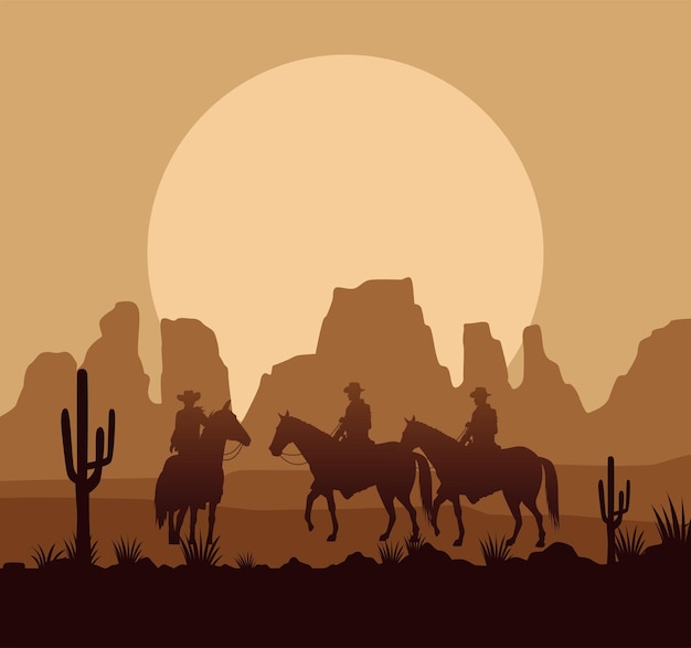 Wild west desertic sunset scene with cowboys and horses