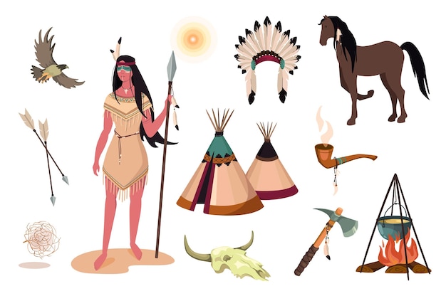 Wild West design elements set. Collection of indian woman in traditional dress, buffalo skull, tomahawk, pipe, wigwam, feather headdress. Vector illustration isolated objects in flat cartoon style