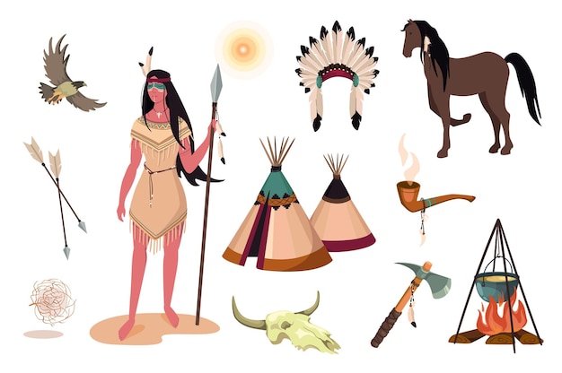 Набор элементов дизайна дикого запада. коллекция индийской женщины в традиционной одежде, черепе буйвола, томагавке, трубке, вигваме, головном уборе из перьев. векторная иллюстрация изолированные объекты в плоском мультяшном стиле
