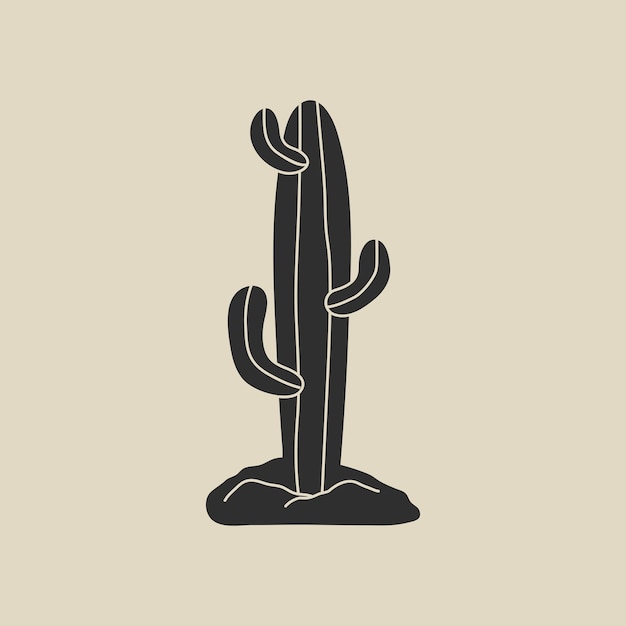 サボテン植物の漫画デザインのモダンなスタイルの平らな線のスタイルのイラストの野生の西の要素
