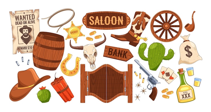 Vector wild west elementen inclusief geweren cactus whiskey fles cowboy hoed gezocht poster en sheriff badge