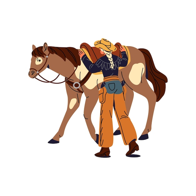 Vector wild west horseman with guns mounts horse american western equestrian gets on saddles cowboy rider in hat going to ride horseback back view flat isolated vector illustration on white background