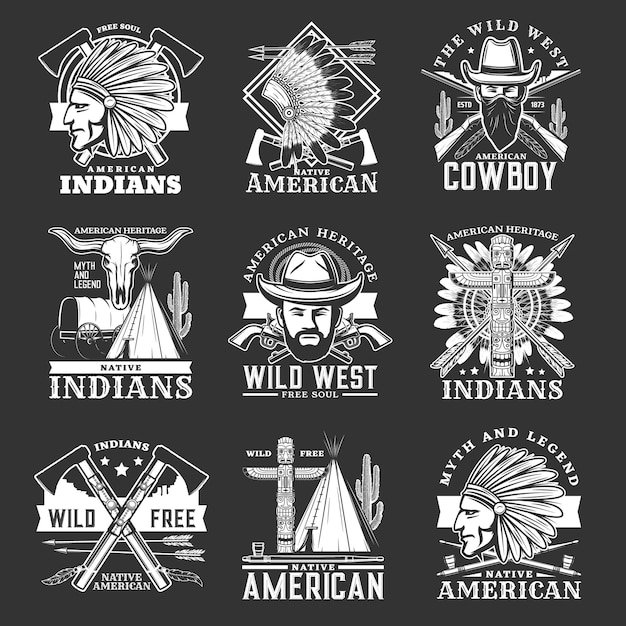 Vector wild west icons and western symbols of isolated vector cowboy, sheriff and native american chief. wild west bandit, gun, bandana and hat, texas cactus, bull skull, feather headdress, arrow and teepee