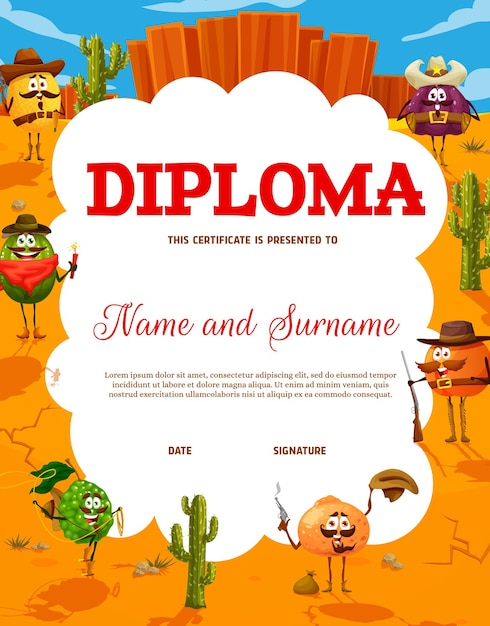 Diploma per bambini del selvaggio west di frutti da cowboy dei cartoni animati