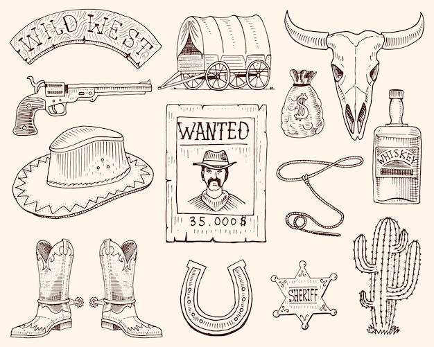 Vettore wild west rodeo spettacolo cowboy o indiani con cappello lazo e pistola cactus con stella sceriffo e stivale bisonte con ferro di cavallo e poster ricercato inciso disegnato a mano nel vecchio schizzo o e stile vintage