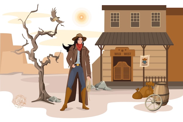 Wild West scene concept. Sheriff woman stands with rope in her hand on background of saloon in desert. Traditional American western people activities. Vector illustration of characters in flat design