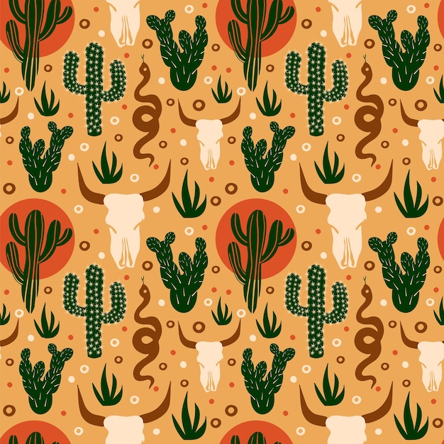 Wild West seamless pattern. Cacti, skull in the desert. Vector illustration