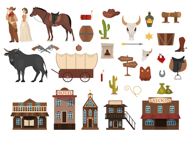 Vector wild west set. cowboy, cactus, horse and cow. saloon