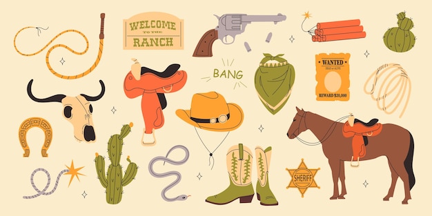 Vector wild west set cowboy thema leuke vector set van met de hand getekende cowboy elementen