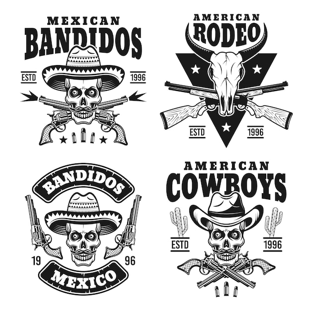 Wild west set of monochrome emblems or badges on white background