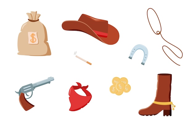 ベクトル ベクトルイラストのワイルドウェストセット。カウボーイ西部の要素のアイコン。帽子、ネッカチーフ、ブーツ、なげなわ、馬蹄形、バッグとお金、ピストルとタバコ。