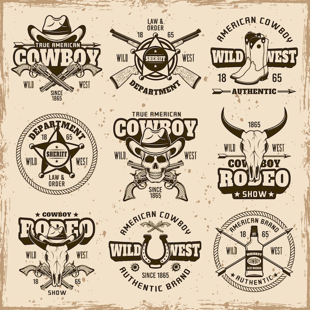 Vector wild west, sheriff department, cowboy rodeo show set of vector brown emblems