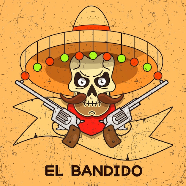 Wild West Skull Bandit With Pistols Illustration